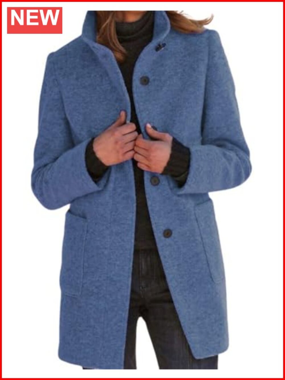 Women Wool Blend Stand Collar Single Breast Long Pea Coat